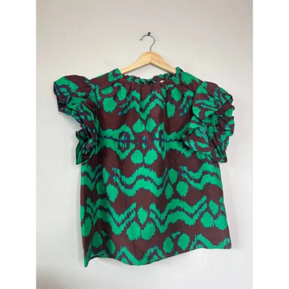 NEW Ulla Johnson Iren Abstract Silk Crew-Neck Ruffled Blouse Top - Picture 2 of 7
